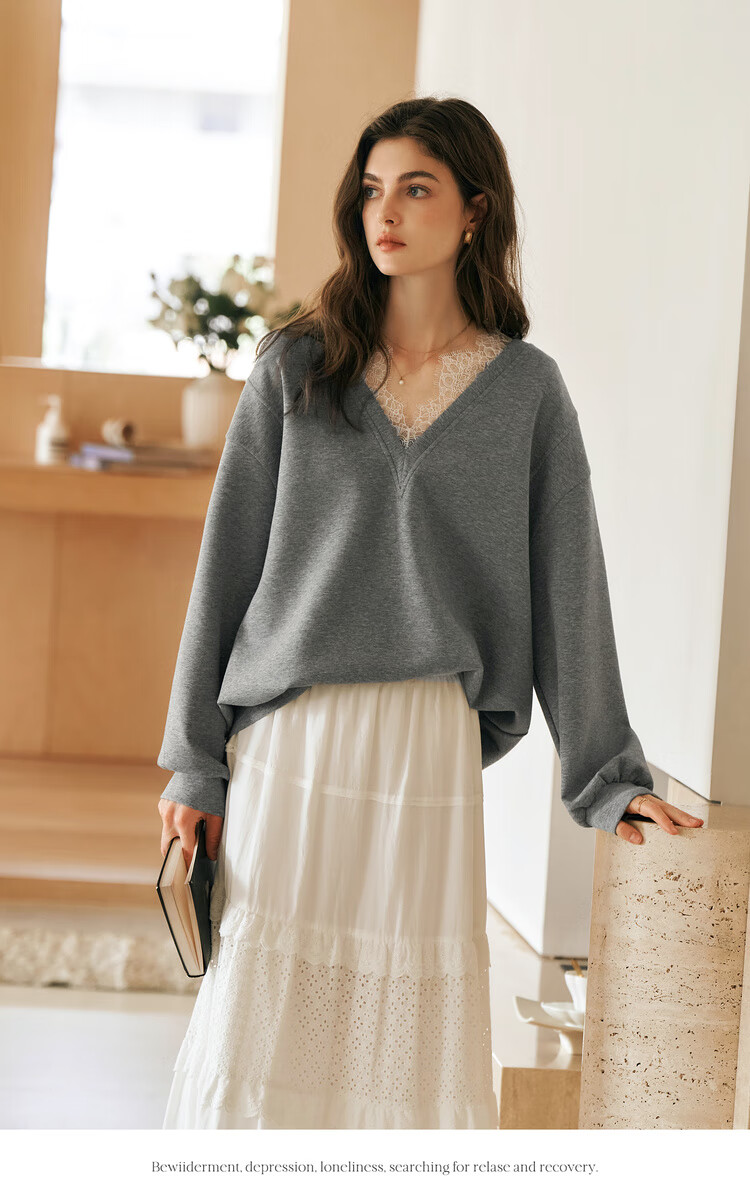 Oulain French V-Neck Sweatshirt for Women, Spring New Style Distinctive Lace Casual Pullover Top, High Gray, Size S 10