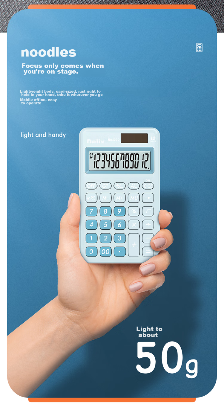 Deli Dual Power Portable Stylish Calculator, Slim Body with Silicone Buttons, Cute Desktop Calculator for Children And Students in Fourth Grade, Learning Supplies, Light Blue 1200 6