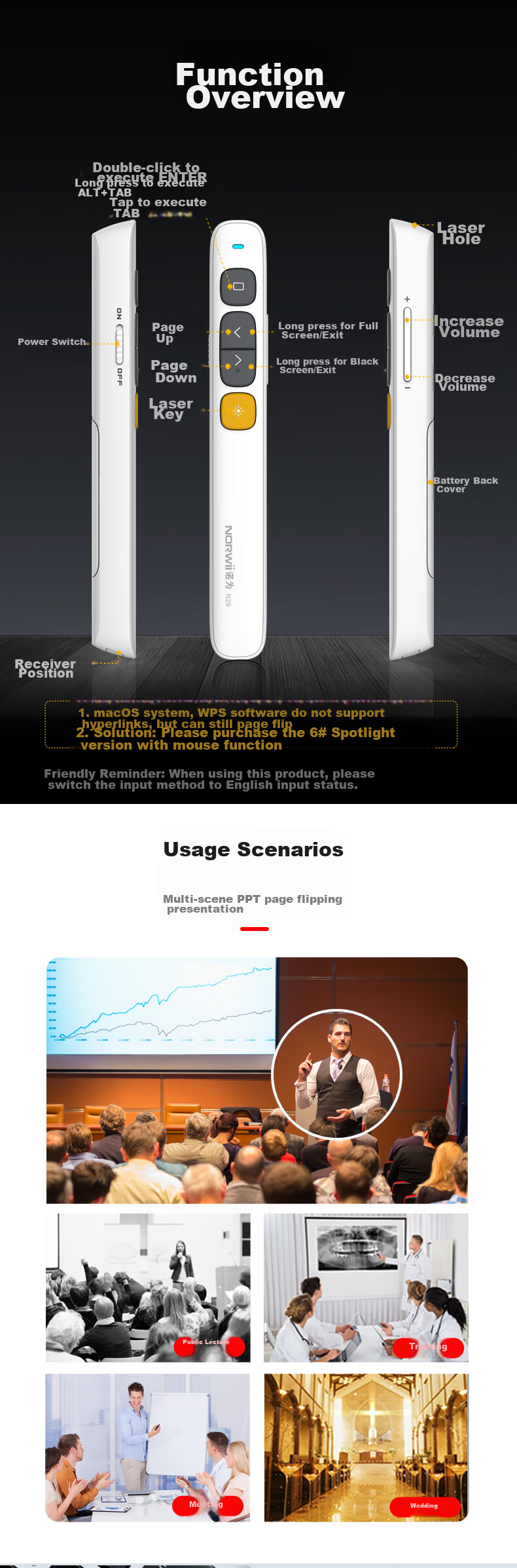 NORWII 100-Meter Remote Control PPT Seewo Page-Turning Pen for Teachers, Button Laser Pointer, Multimedia Volume Control, Wireless Presenter, Projection Pen N29 Red Light White 12