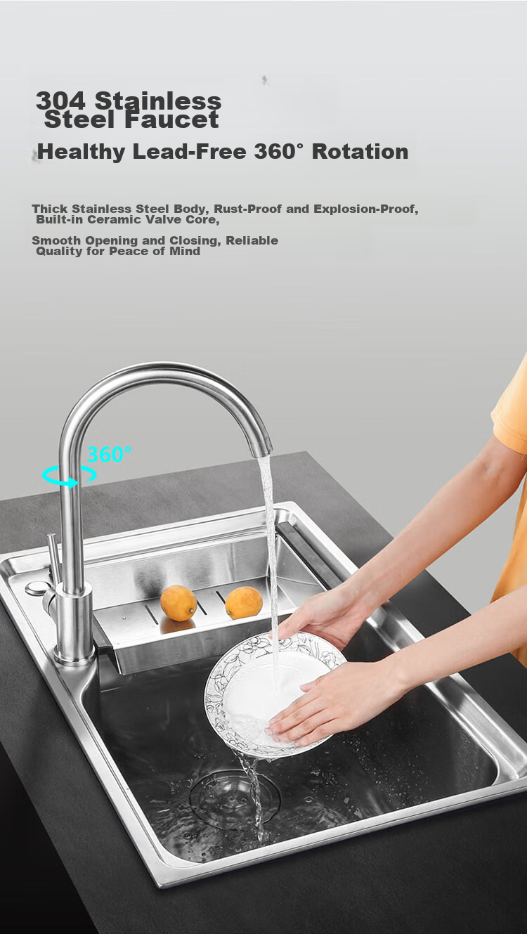 VATTI Kitchen Sink S1, Large Single Bowl Sink, Vegetable Washing Basin, Integrated Basin, 304 Stainless Steel Dishwashing Sink, Tabletop Or Countertop Installation Available 10