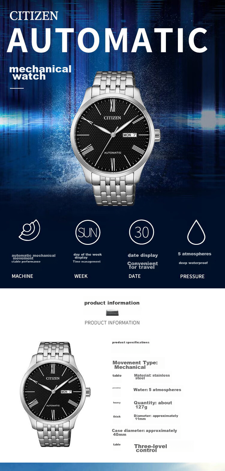 CITIZEN Watch for Men, Japanese And Korean Style, Automatic Mechanical Movement, Date Display, Steel Strap, Business Style, Gift for Boyfriend, NH8350-59E 10