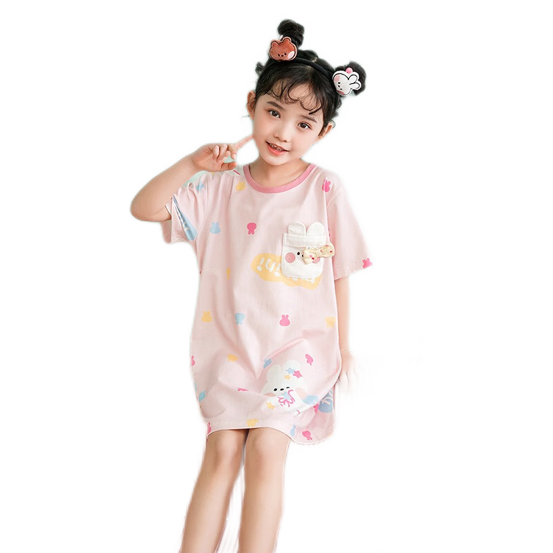 Fenteng Girls' Cotton Sleep Dress Bunny IP Summer Short Sleeve Bow Children's Pajamas Air Conditioning Clothes