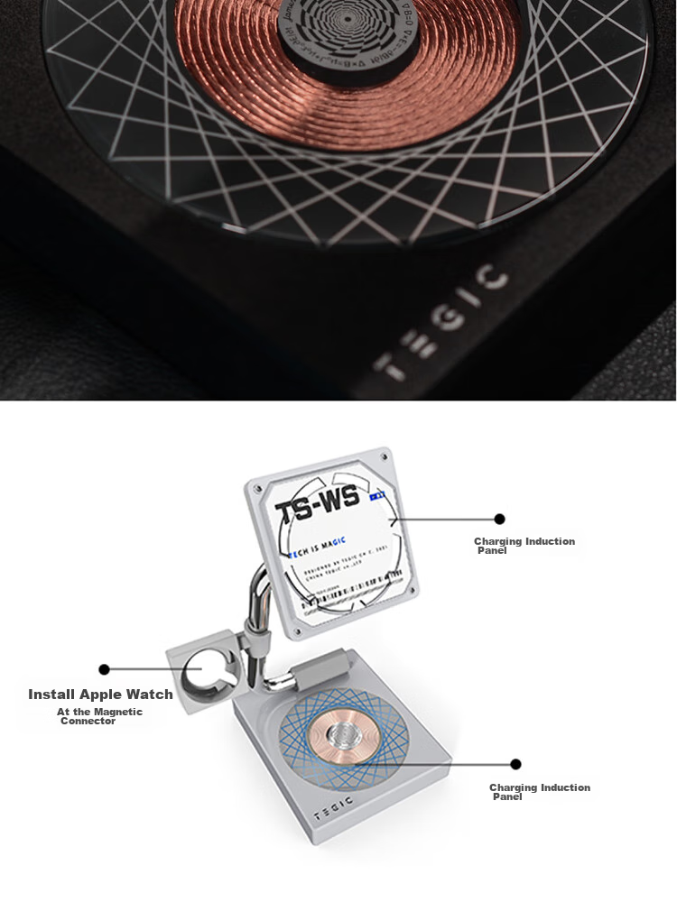 TEGIC TS-WS Black Three-In Wireless Charger, Wireless Charging Stand, Compatible with IPhone/Android Phones, Earphones, Smartwatches, Wireless Charging 15