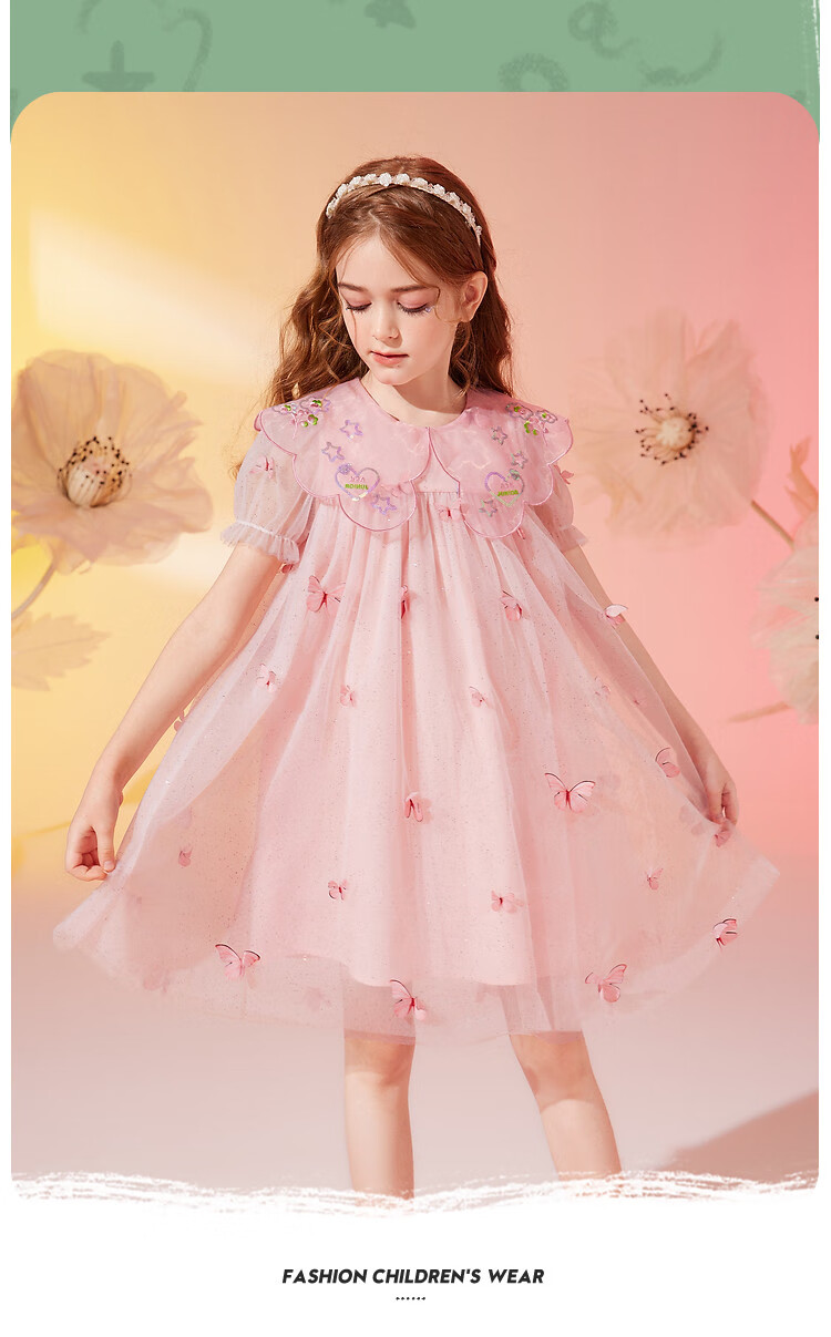 ASK JUNIOR Girls' Summer Dress, Children's Lightweight Fairy-Like Butterfly Mesh Fashion Doll Collar Princess Dress 4