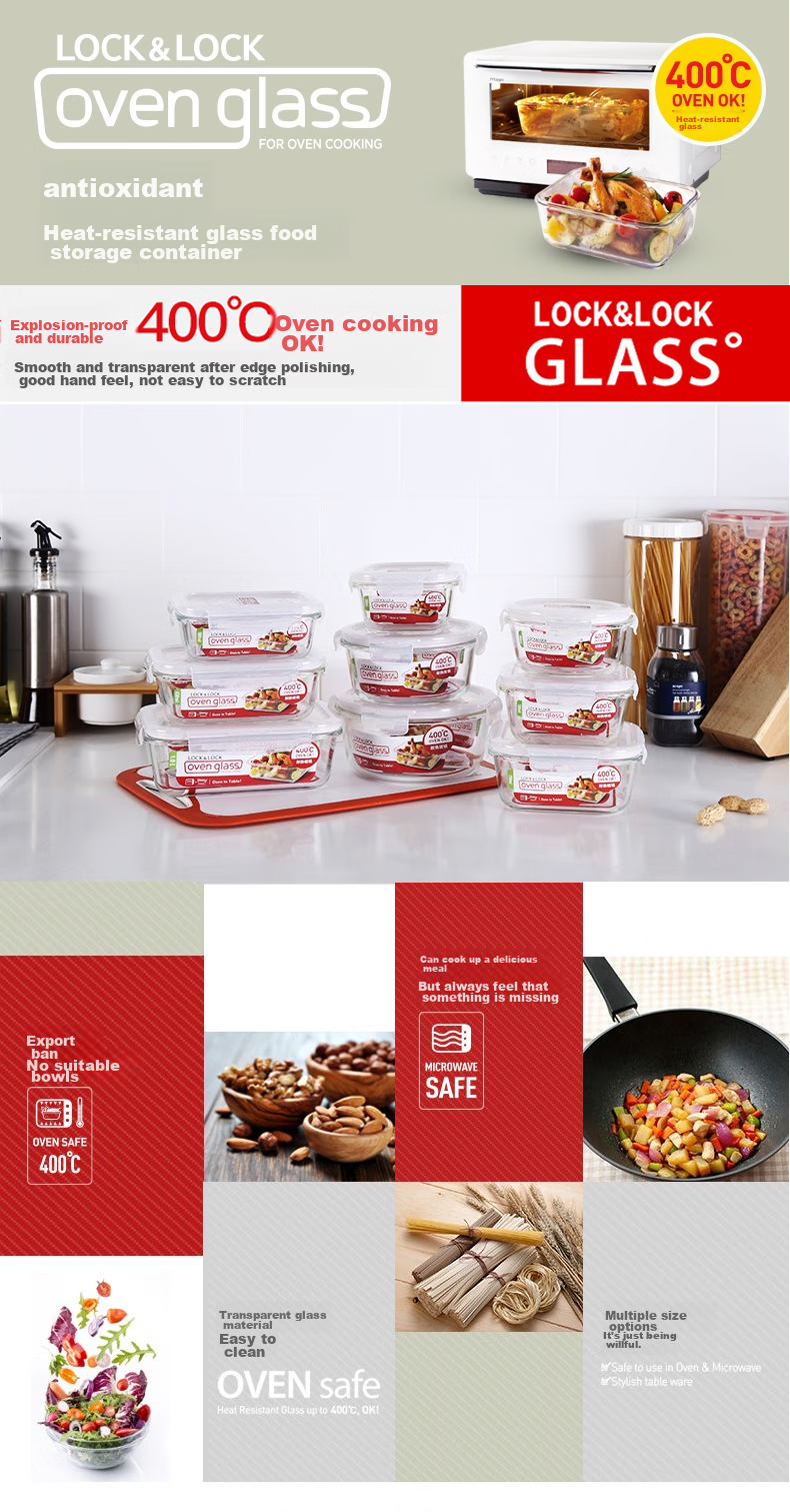 LOCK&LOCK Heat-Resistant Glass Food Storage Container, Large Capacity Lunch Box, Noodle Bowl, Sealed Bento Box, Meal Container, Refrigerator Storage Box, 950ML 1