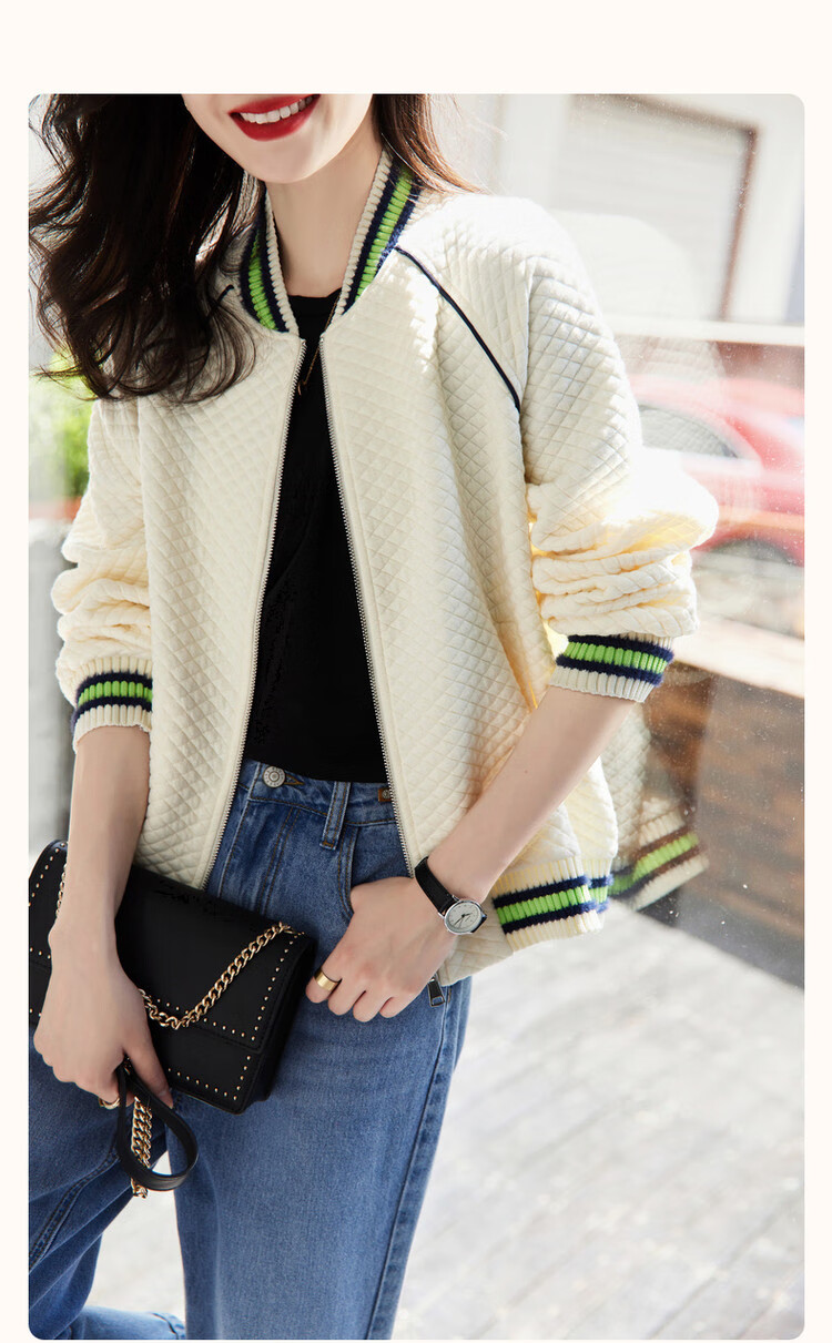 Dme Knitted Chanel-Style Spring And Autumn Baseball Collar Long-Sleeve Zipper Slightly Stretchy Quilted Jacket for Women, Short Style, Off-White, M 3