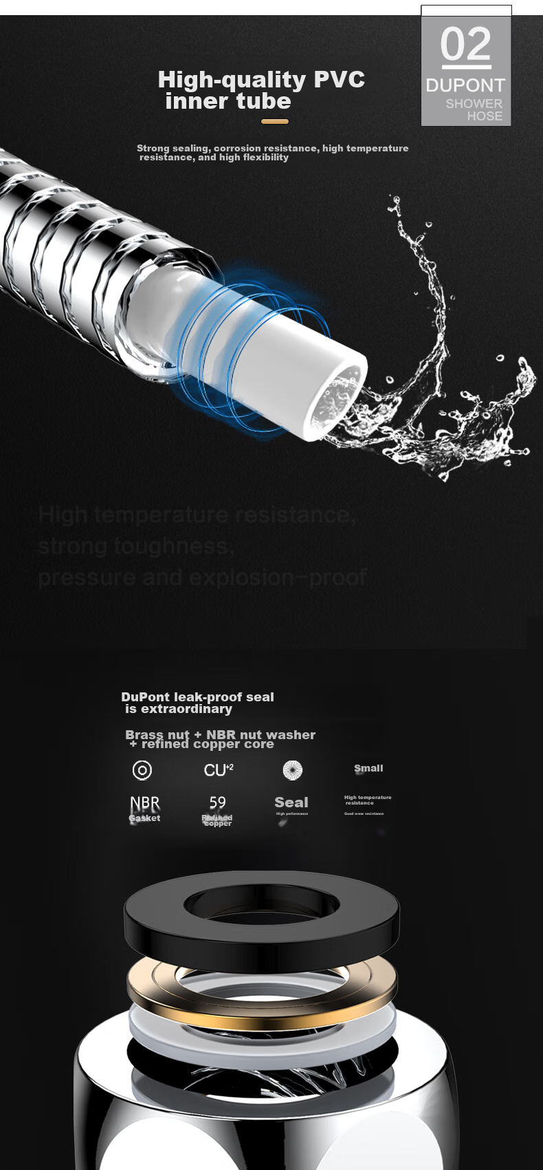 DU PONT DU PONT Handheld Shower Head Hose, 304 Stainless Steel, 1.5 Meters Long, Shower Head Hose D-PJ001 3