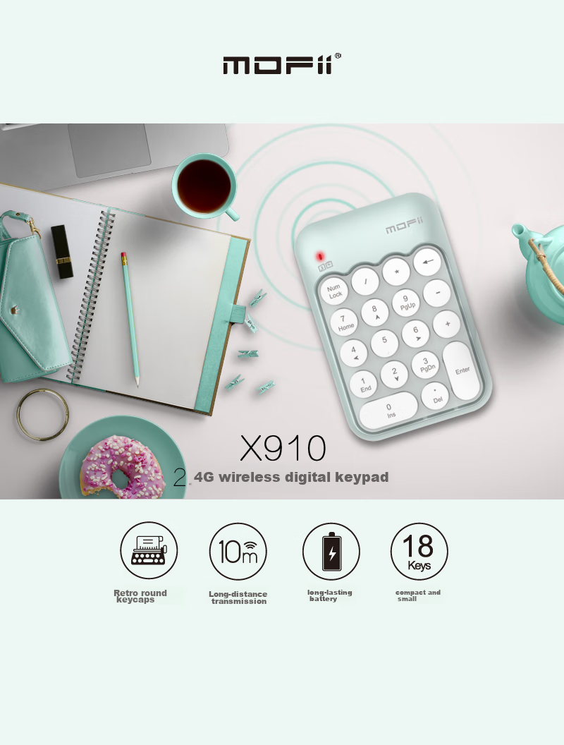 Mofii X910 Wireless Laptop Digital Keypad, USB Wireless Keyboard, Mini Financial Accounting Keyboard, Bank Keyboard, Milk Tea Color Mixed Patter 1
