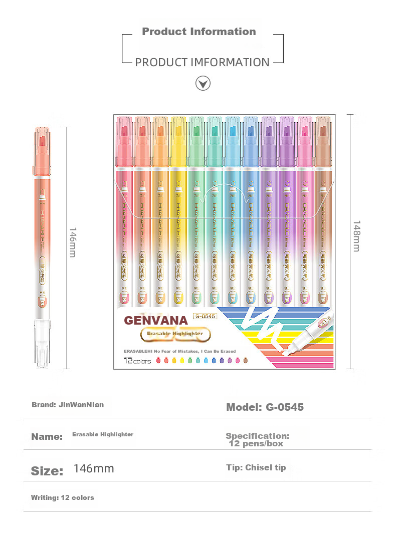 Genvana 12-Color Dual-Tip Erasable Highlighters, Office Training Key Marking Water-Based Pens, Colorful Eye-Catching, Journaling And Drawing Markers G-0545 1