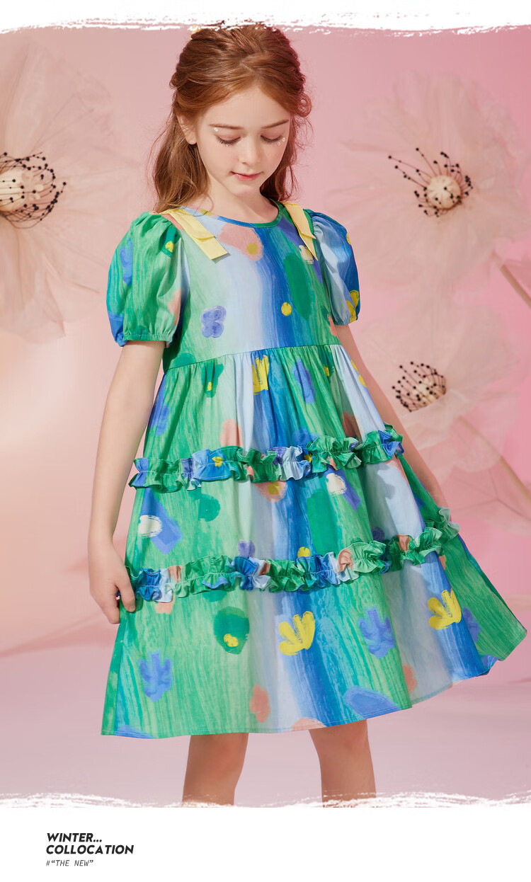ASK JUNIOR Pure Cotton Girls' Dress, Summer Thin Style, Children's Tie-Dye All-Over Print Indian Princess Dress, Size 160 4