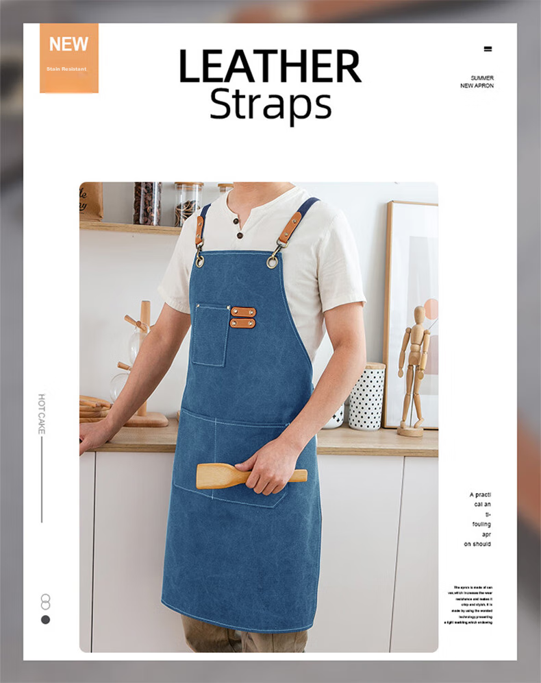 Canjiangjun Fashion Home Apron, Stain-Resistant And Oil-Proof Canvas, Thickened And Wear-Resistant, for Restaurant, Hairdresser, Bubble Tea Shop Work Uniform, Blue 2
