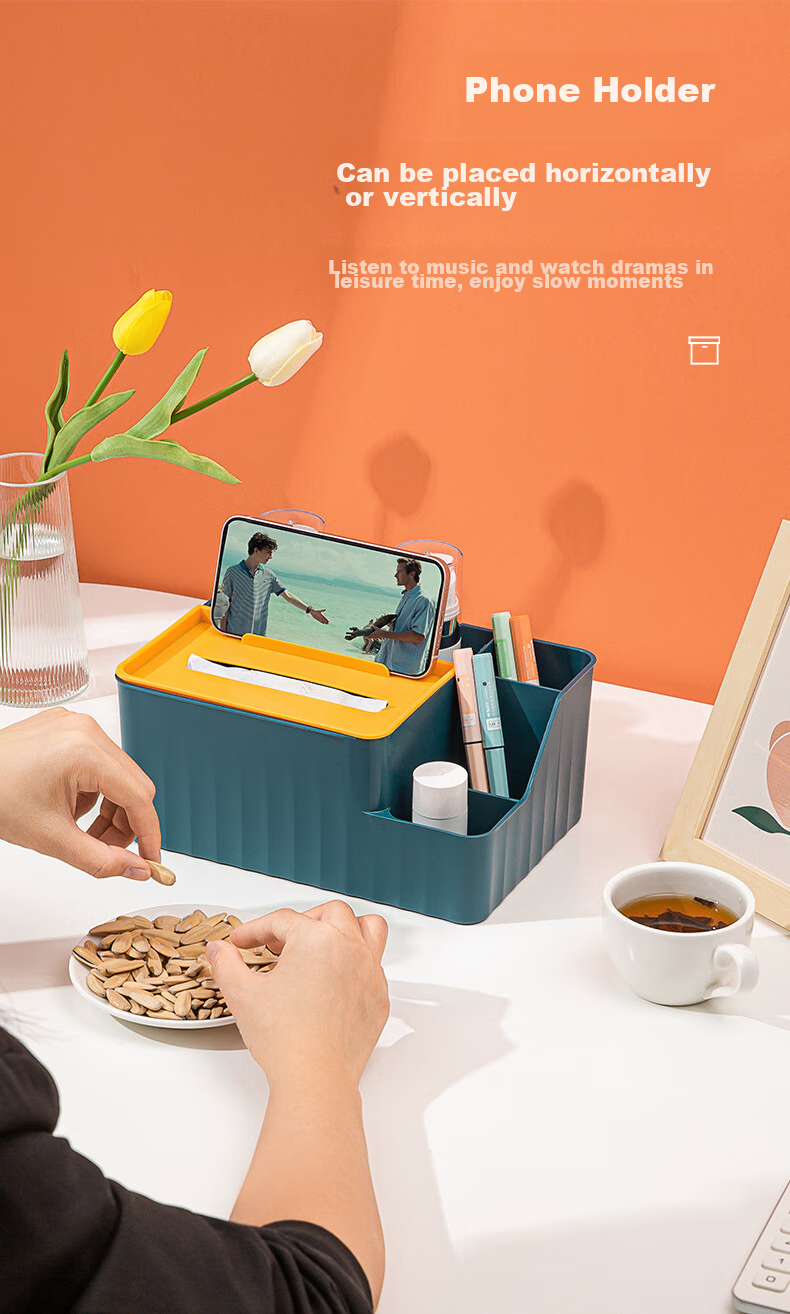 Jindeli Desktop Pen Holder Storage Box, Multifunctional Tissue Box, Stylish Luxury Drawer, Office Desk Stationery, Dormitory Office Supplies Organizer, Large Capacity Blue SN143 8