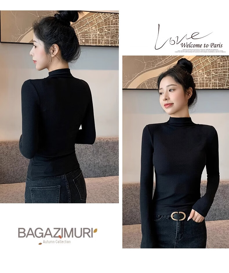 TUCANO Women's Long-Sleeve Base Layer, Regular Shoulder, Semi-Turtleneck, Versatile, Slimming, Spring And Autumn New Style, Inner Wear, Tight-Fitting Top, Black, 2XL 13
