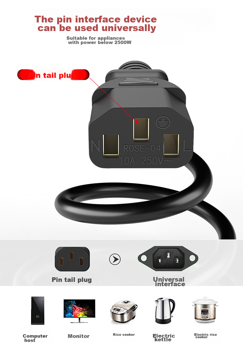 Elei Computer Power Cord, 1 Meter, National Standard Three-Prong Universal, Suitable for Rice Cookers, Desktop Computers, Monitors, Printers, Power Connection Cable, Adapter Plug 3