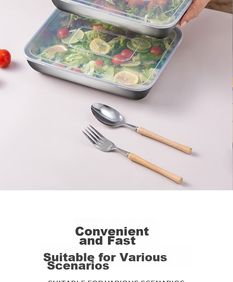 BJ Stainless Steel Rectangular Food Storage Containers, Extra Thick Tray Boxes, Vendors' Cold Dish Plates, Barbecue Plates, Large Size with Lids, Set of 6 6