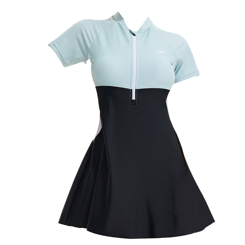 Li-Ning One-Piece Swimsuit Dress for Women, Shaping Waist, Contrasting Colors, High Elasticity, Breathable, Hot Spring Resort Swimwear 080 Black-Green XXL