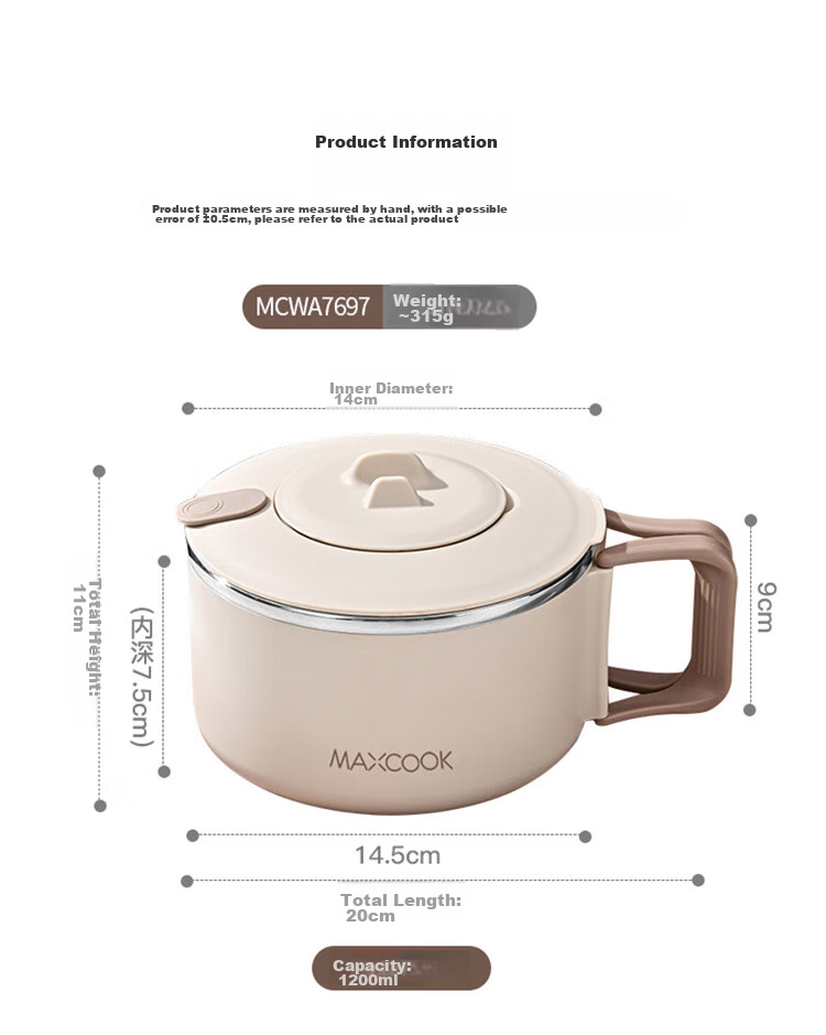 MAXCOOK 316 Stainless Steel Ramen Bowl with Folding Handle, Student Lunch Box, Meal Cup, Ramen Cup 1200ML with Spoon MCWA7697 12