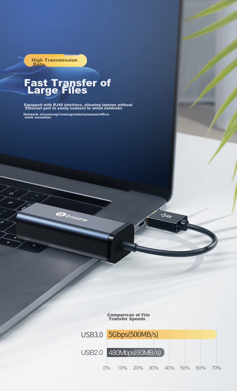 BIAZE USB3.0 Gigabit Wired Network Card to RJ45 Ethernet Adapter, Driver-Free Converter, Compatible with Laptops And Nintendo Switch, External Network Port Expansion Adapter 9
