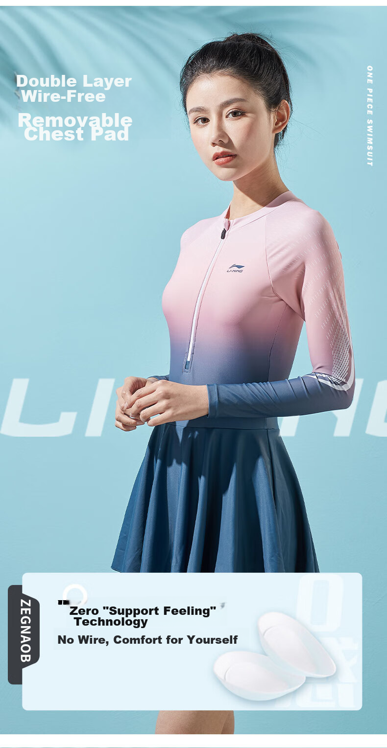 Li-Ning One-Piece Long-Sleeve Dress Swimsuit for Women, Comfortable High-Elasticity Breathable Contrasting Color Hot Spring Resort Swimwear 075 Blue-Red XL 6