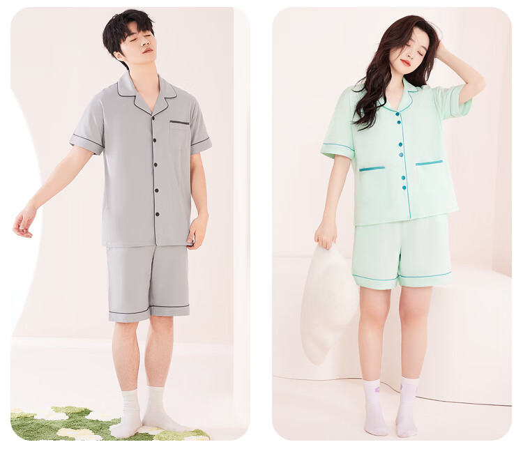 Hongdou Men's Pure Cotton Breathable Simple Lapel Short Sleeve Shorts Couple Homewear Navy Blue 180 15