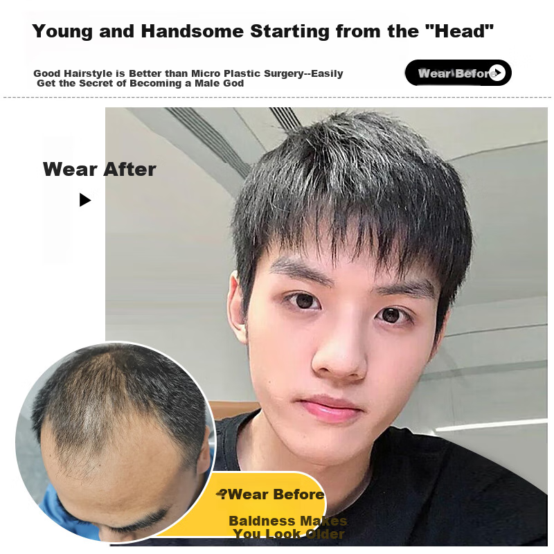 Baisitang Men's Wig, Natural Full Head Cover, Real Human Hair, Men's Wig Set, 100% Real Hair, Men's Wig, Slightly Disheveled And Frizzy