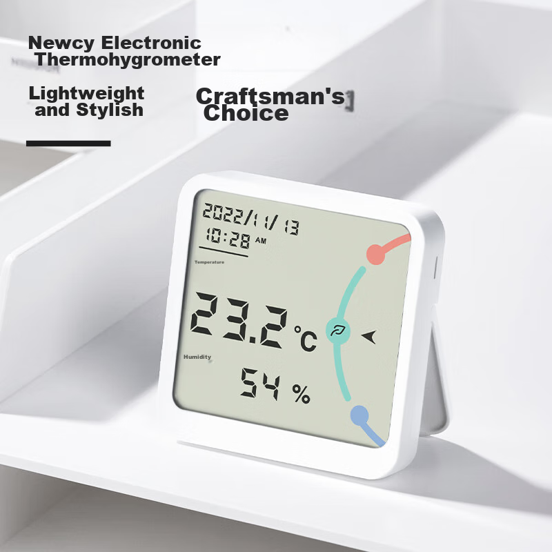 Deli Niusai Series Electronic Thermometer And Hygrometer, Wide Screen Display with Time Function, Metal Back Patch Included, White, NS873