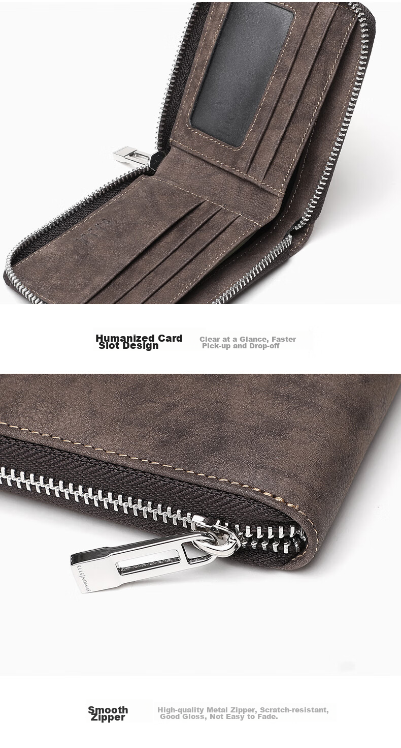 ELLE HOMME Men's Fashionable Short Wallet, Top-Grain Leather Zipper Coin Purse 4426 Brown, Birthday Gift for Me 10