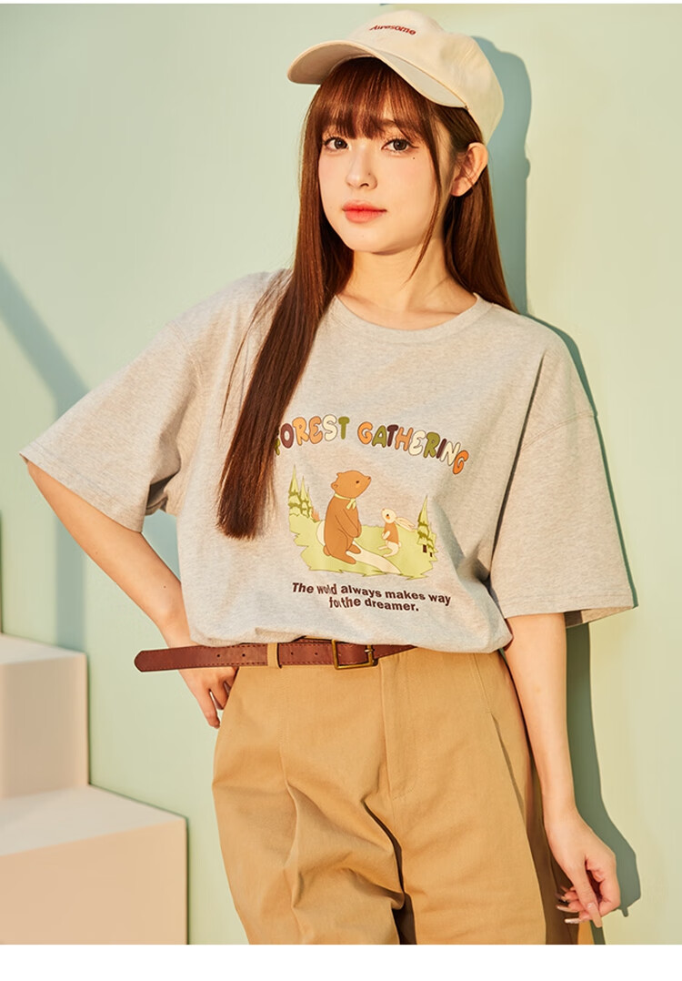 TonLion 2025 Women's Front Print Short Sleeve T-Shirt Light Heather Gray S 2