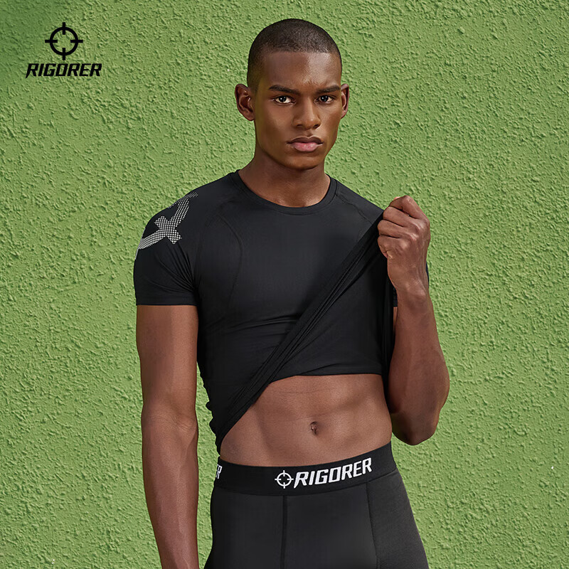 RIGORER Men's Fitness Short Sleeve Quick-Dry Sports Top Basketball Training Sweat-Wicking Compression Shirt, Pure Black, 4XL