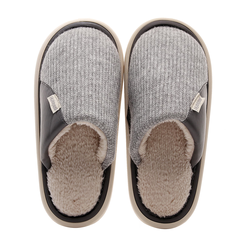 GUOLUOFEI Cotton Slippers for Men, Indoor Home Non-Slip Fleece-Lined Quiet Furry Slippers for Women, Couple Style, Gray, Size 42-43