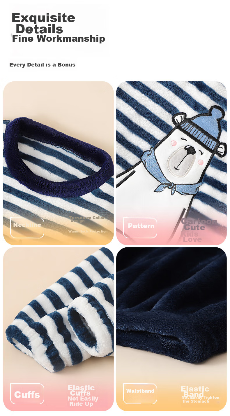 LangSha Children's Pajamas, Boys' Autumn And Winter Round Neck Fleece-Lined Thickened Double-Sided Flannel, Girls' Home Wear, Warm Set, Size 150 13