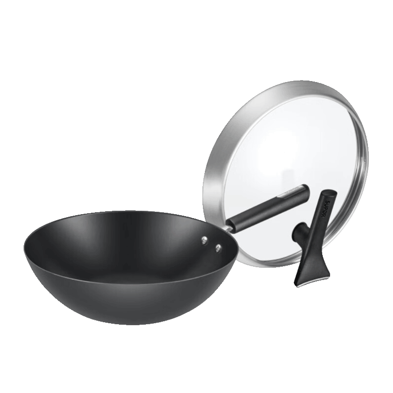 SUPOR Cast Iron Wok, 30cm, Non-Coated Flat Bottom Frying Pan, Scratch-Resistant, Wear-Resistant, Compatible with Induction Cooker And Open Flame