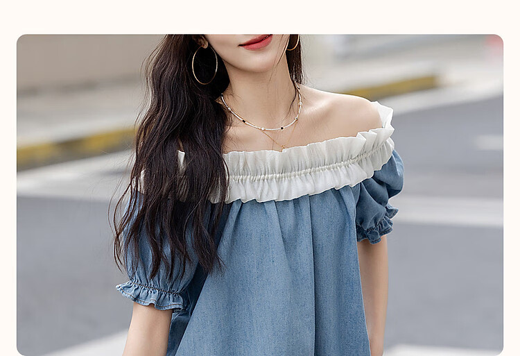 Dme [Gentle Healing] Summer Korean-Style Elastic One-Shoulder Round Neck Convertible Shirt, Slimming Denim Blouse Women's Top 4
