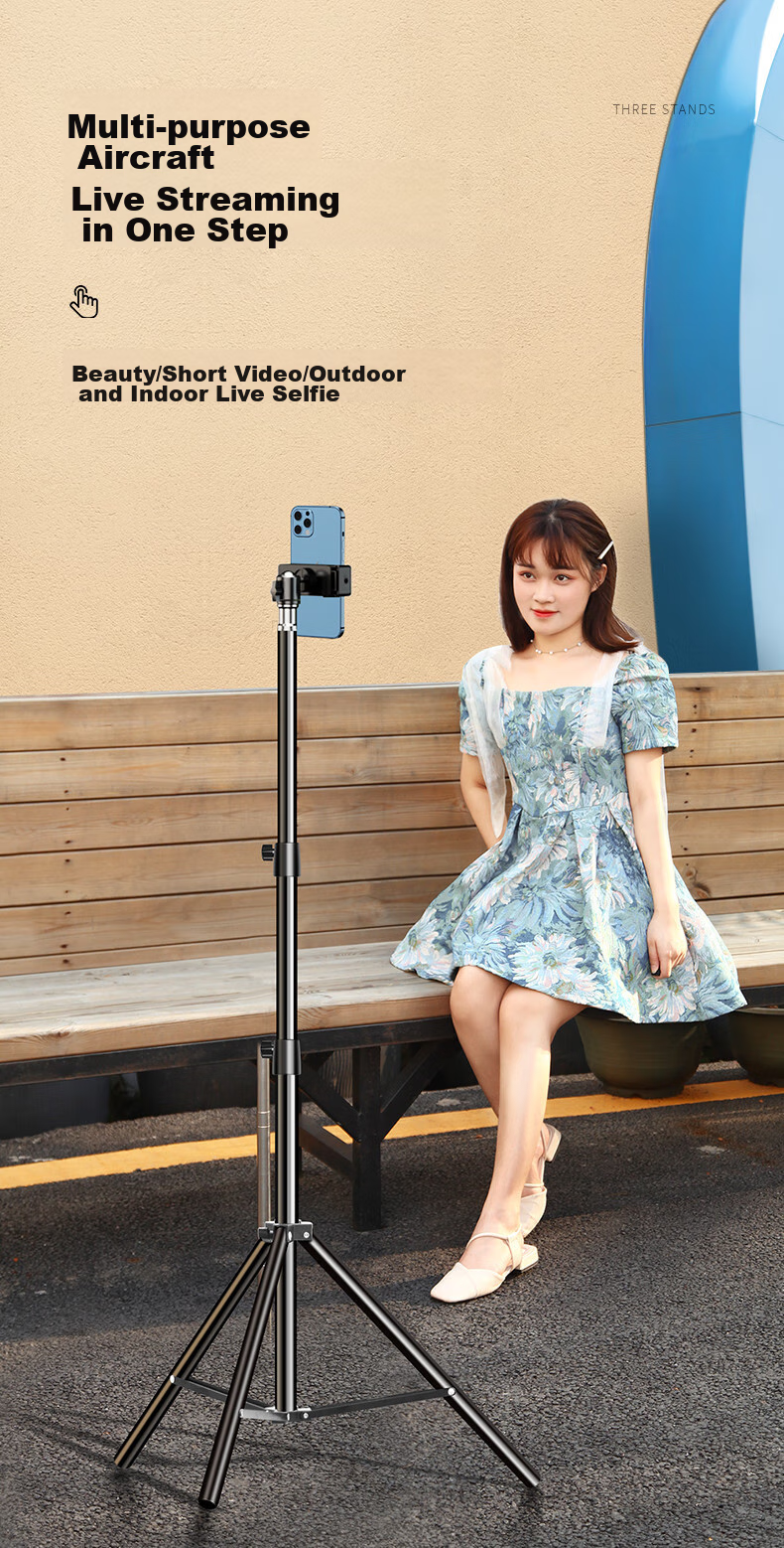LINGCHEN Floor-Standing Phone Stand, Live Streaming Tripod for TikTok And Kuaishou Short Videos, Influencer Triangle Stand, Outdoor Portable Bracket, 2.1 Meters Foldable Storage 9
