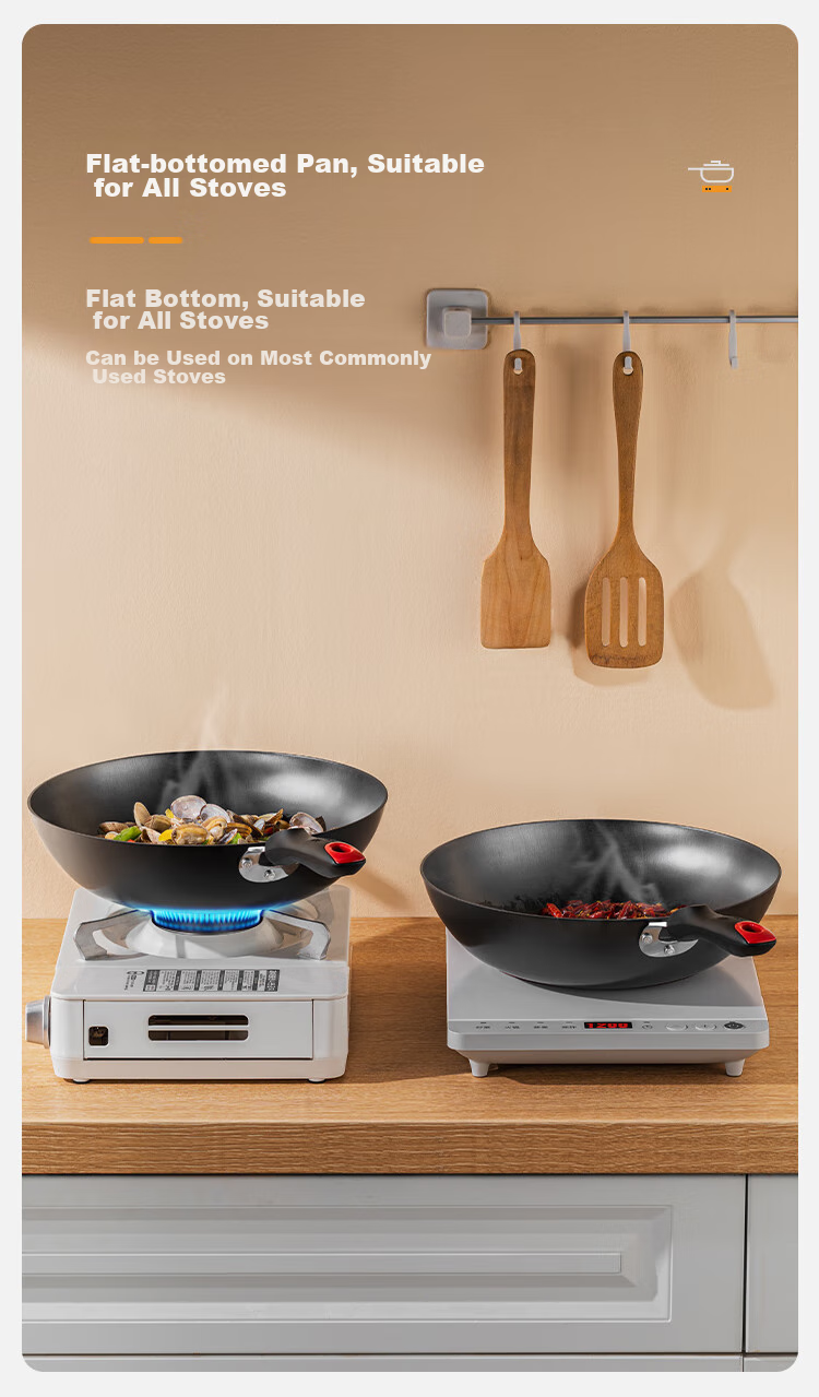 COOKER KING Cast Iron Wok, Flat Bottom Frying Pan, 32cm, Nitrided Anti-Rust, Suitable for All Stoves, Jianjing DJ32ZT-S 10