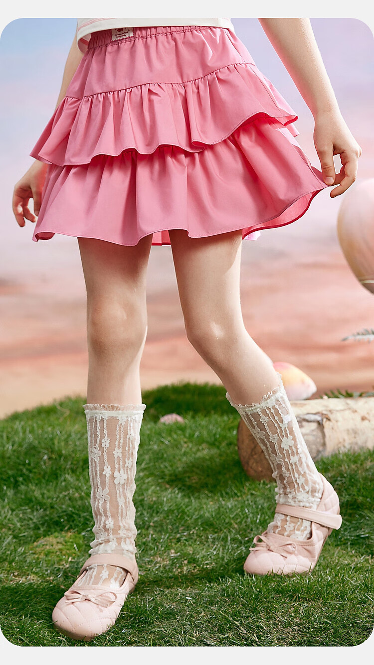 ASK JUNIOR Puffy Skirt Girls' Summer Dress Fashionable Versatile Double-Layered Skirt Sweet Stylish Children's Princess Dress Pink 110 2