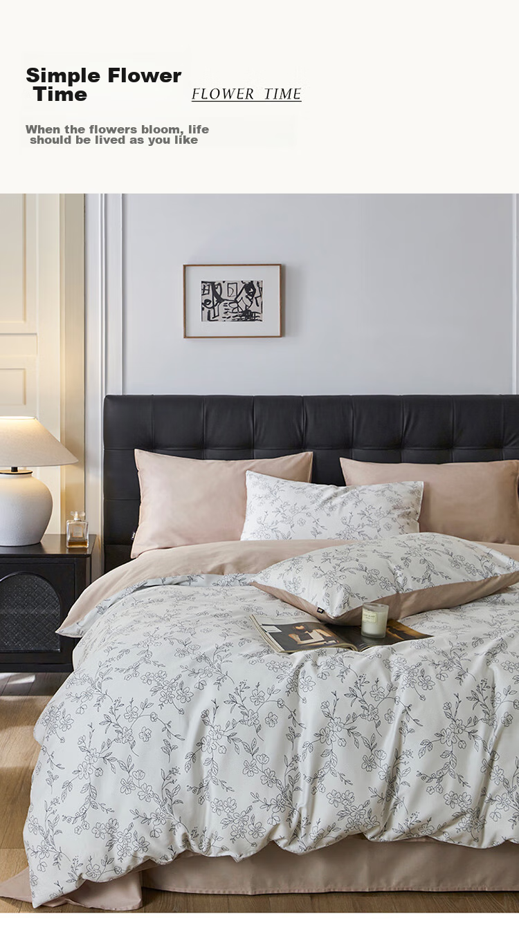 Dohia Home Textiles Pure Cotton Bedding Set of Four Pieces, 60s Pure Cotton Sateen Bed Sheet And Duvet Cover Set, French Hepburn Style Home Decor Set for 1.8m Bed 229*230cm 14