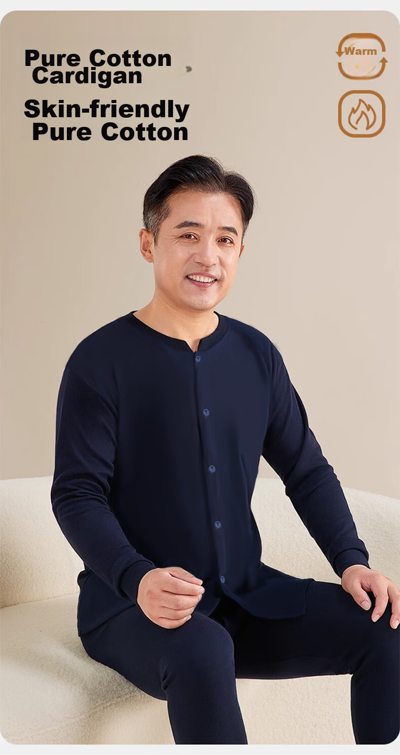 XUEXIMAN Middle-Aged And Elderly Autumn Underwear Set for Men, Pure Cotton Cardigan Style, Fashionable Printed Cotton Sweater, Warm Underwear, XL Size 2