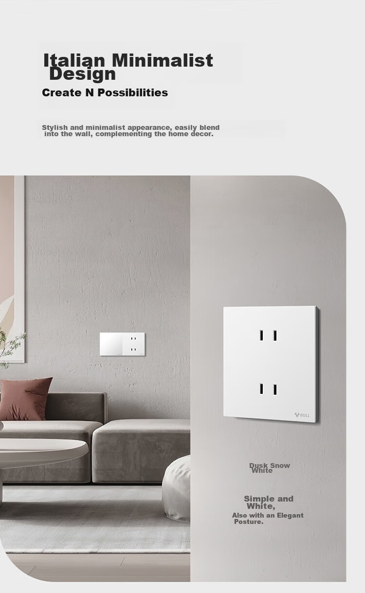 BULL Switch Socket, G57 Butterfly Ultra-Thin, 10A Four-Hole Socket, 86-Type Panel, G57Z222, Twilight Snow White 5