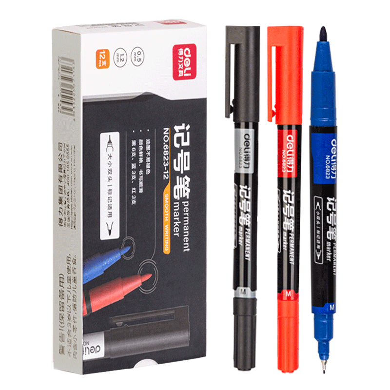 Deli 0.5mm/1.2mm Double-Ended Marker Pen for Meetings And Signatures, Children's Student Marker Pens for Outlining, Mixed Colors: 6 Black, 3 Red, 3 Blue, 12 Pcs/box, 6823