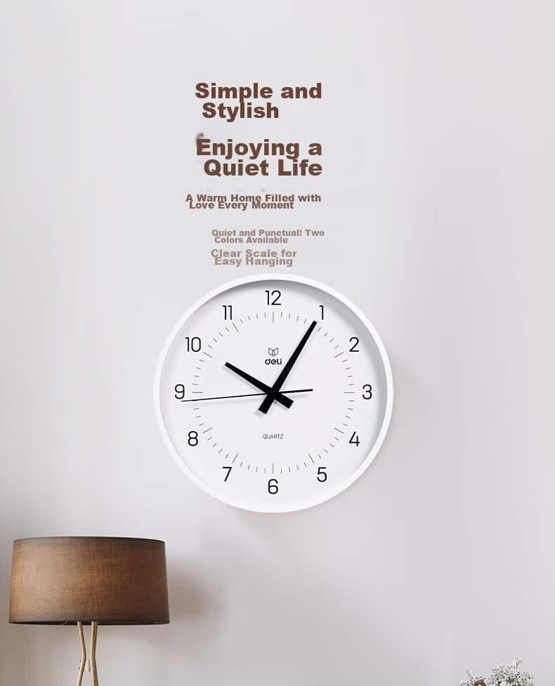 Deli Simple And Stylish Wall Clock, Bedroom Living Room Time Reminder, No Drilling Required Good Value, White LE401 Back-To Seaso 1