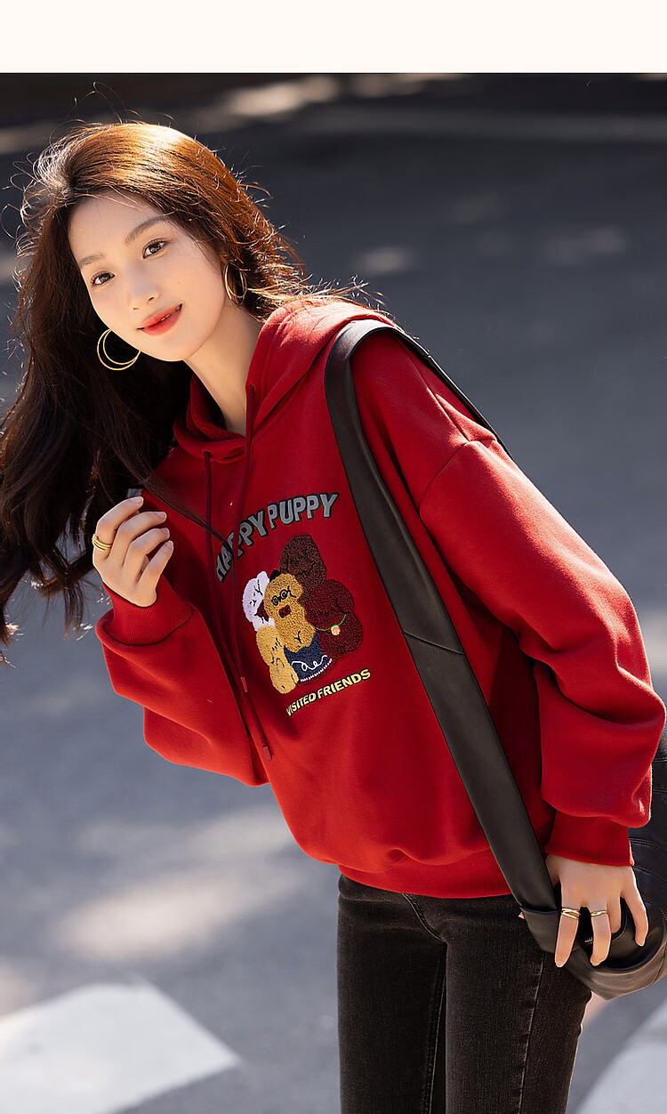 Dme Winter Casual Hooded Letter Animal Towel Embroidery Fleece-Lined Warm Sweatshirt Women's Top, Light Water Green, XL 11