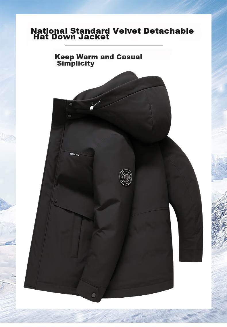 SNOWFLYING Men's Detachable Hood down Jacket, Thick Casual Business Mid-Length Coat, Men's Outerwear, Size 200 2