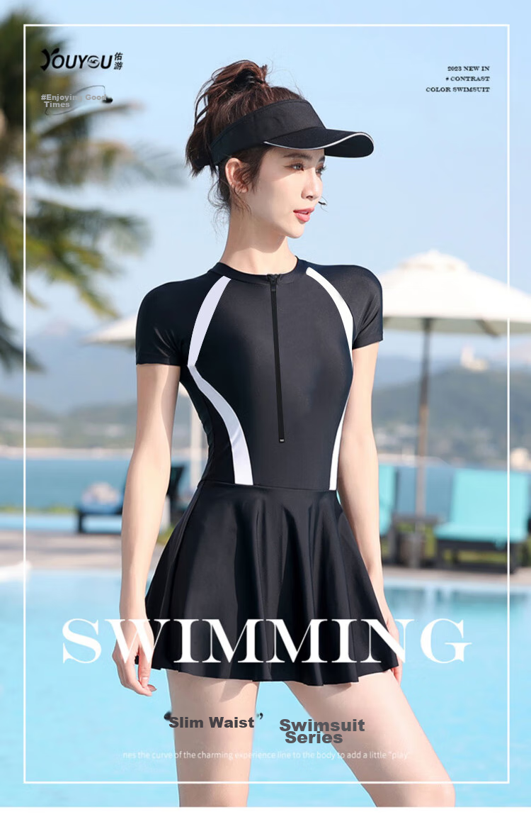 LangSha Women's Summer Ice Silk Short Sleeve Skirt One-Piece Slim Quick-Dry Hot Spring Beach Swimwear 1