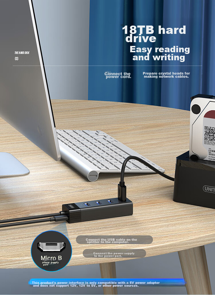 UNITEK USB3.0 Hub Expansion Dock High-Speed HUB Splitter for Laptops And Desktop Computers, USB Expansion Converter with Keyboard, Mouse And USB Drive Ports Y-3098ABK 5