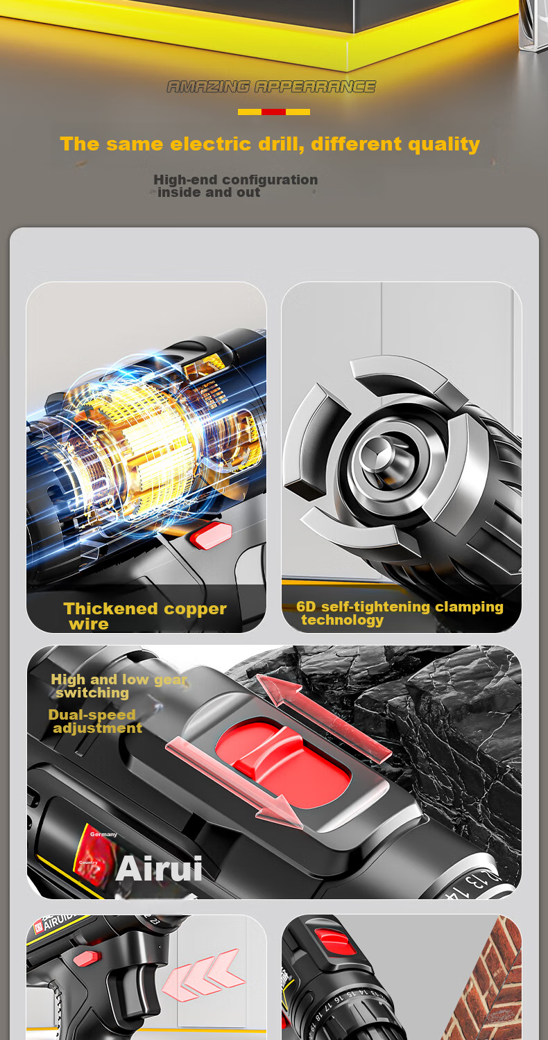 Airuide Cordless Drill, Household Rechargeable Electric Drill, Lithium Battery Pistol Drill, Multi-Functional Electric Screwdriver, Power Tool 3