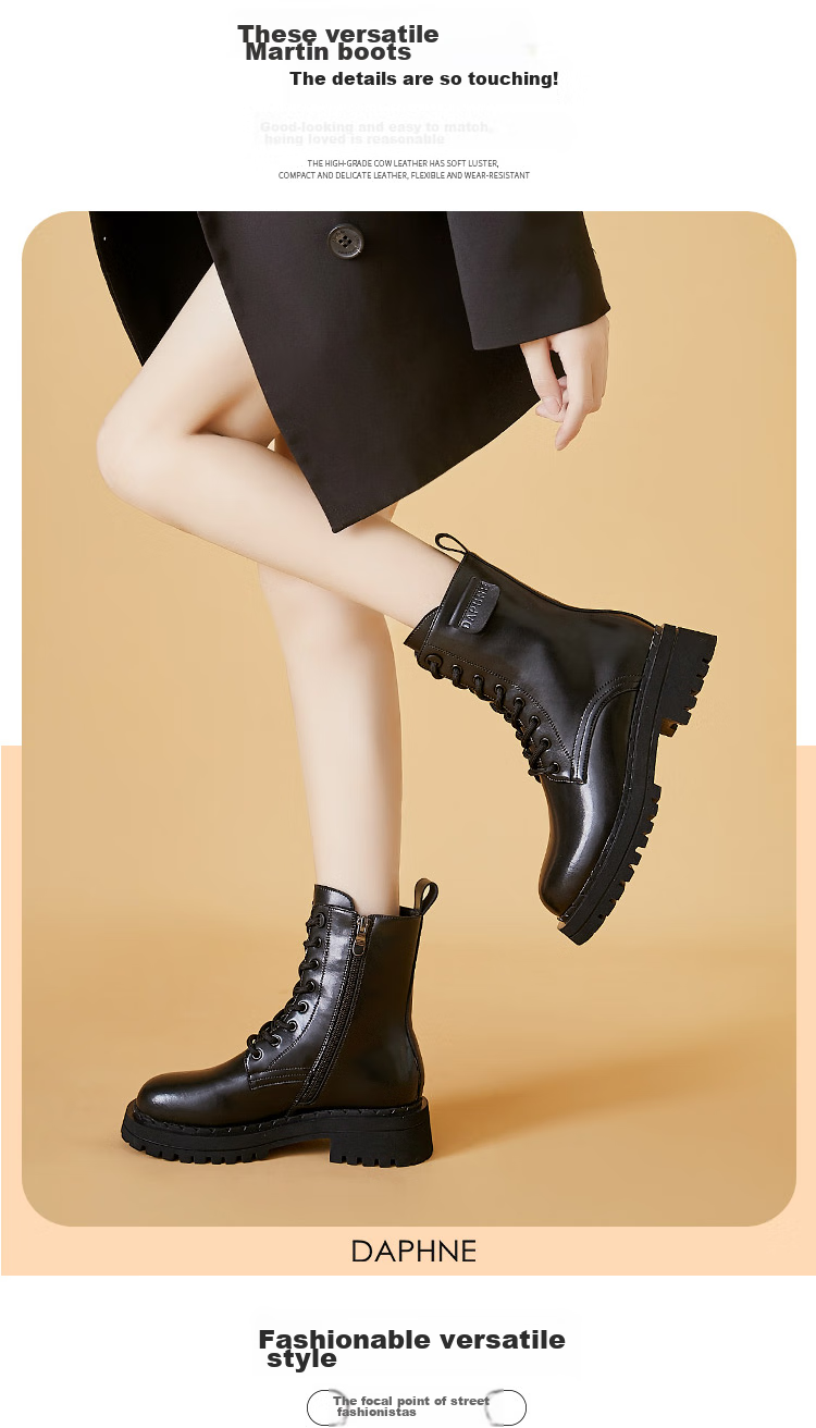 DAPHNE Women's Martin Boots Thick Sole New High Heel British Style Ankle Boots Leather Casual Shoes Black Fleece Lined Size 40 2