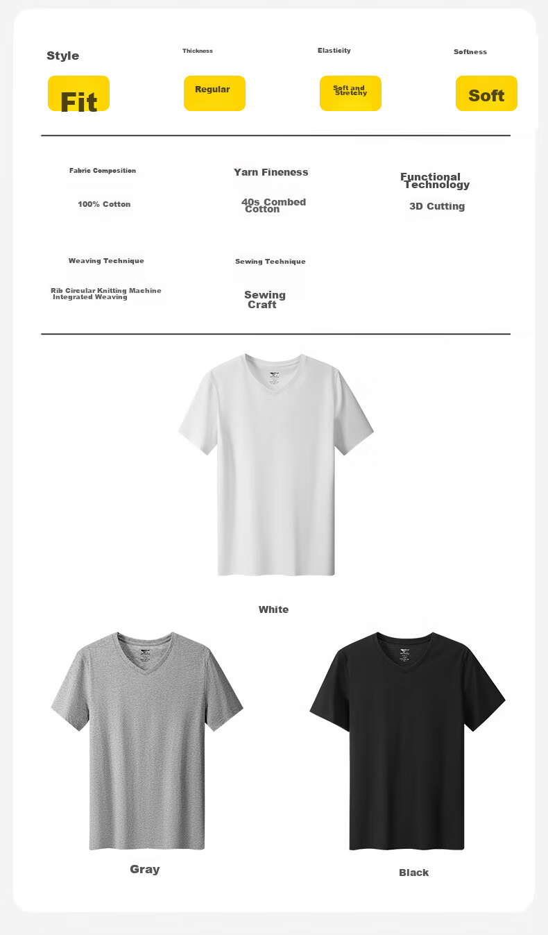 SEPTWOLVES [Classic V-Neck] Men's Short-Sleeve Pure Cotton T-Shirt, Running Sports Base Layer, Sweat-Absorbing Breathable All-Cotton Plain White T-Shirt for Home Wear 16