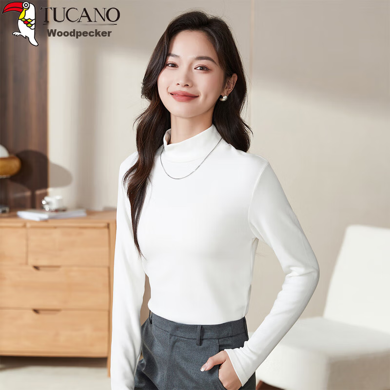 Woodpecker Women's Pure Cotton Half Turtleneck Slim Fit Stretch Long Sleeve Base T-Shirt 2025, White, M