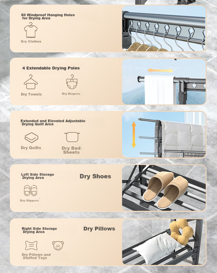 JD Original Floor Folding Double-Pole Clothes Drying Rack, Adjustable Aluminum Alloy Retractable Clothes Hanger for Outdoor Balcony And Bedding Drying 5